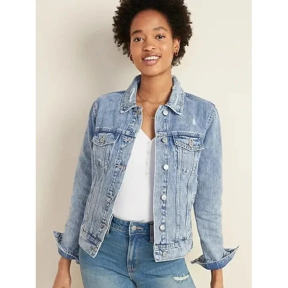 Old Navy Denim Jacket Women's‎ Medium Petite Light Blue Distressed Destructed - Picture 2 of 9